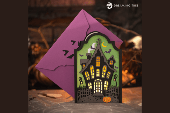 Haunted House Card SVG: Halloween Branding with 3D Design Flair