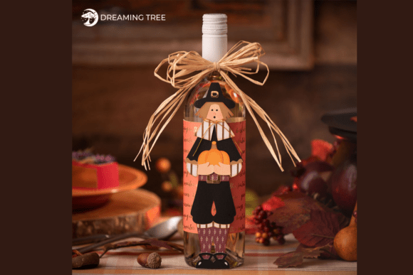 Pilgrim Boy Wine Bottle Wrapper SVG: Festive 3D Design for Thanksgiving Branding