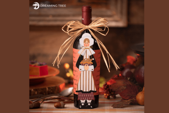 Pilgrim Girl Wine Bottle Wrapper SVG: Festive 3D Design for Thanksgiving Branding